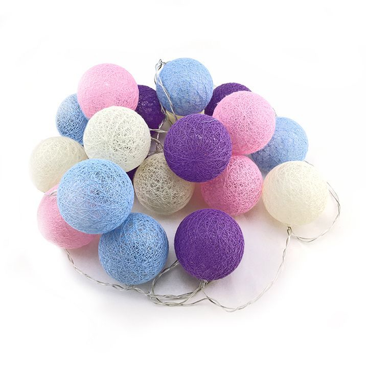 Светодиодная гирлянда "Хлопковый шар" Молочный, фиолетовый, розовый, светло-голубой / 20 шаров на прозрачном проводе